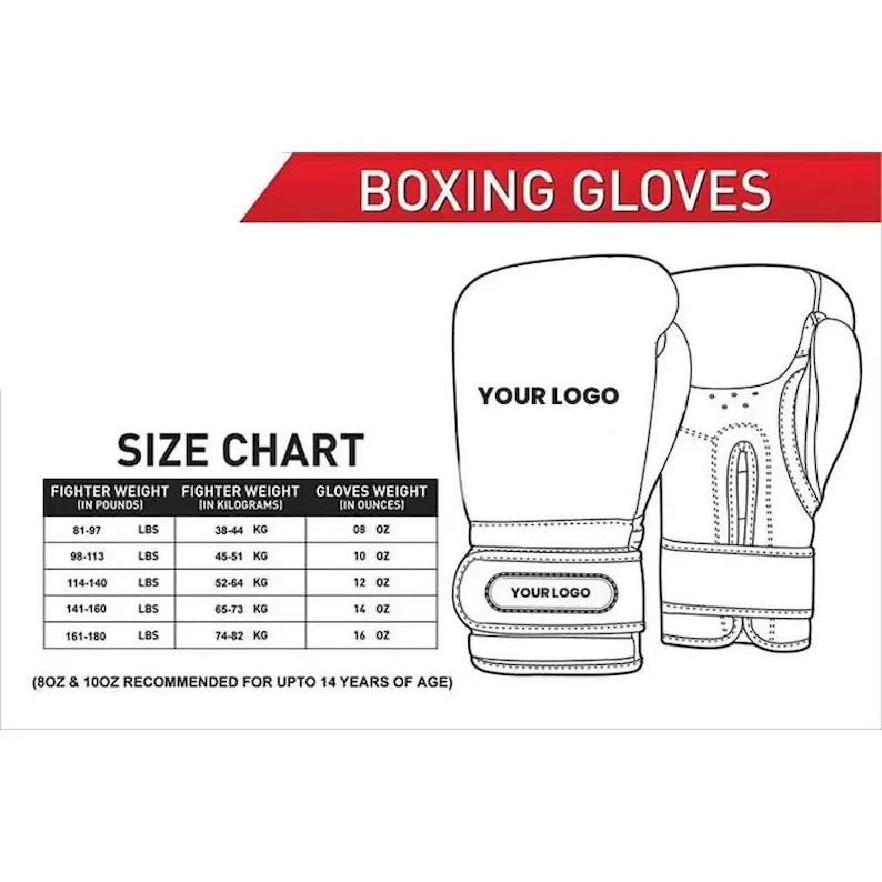 May include: Black and white illustration of boxing gloves with a size chart. The chart lists fighter weight in pounds and kilograms, and glove weight in ounces. The text "BOXING GLOVES" is at the top. The gloves have space for a logo.