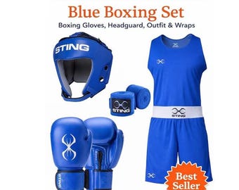 Conjunto de boxeo Sting: guantes, casco, chaleco y pantalones cortos de boxeo para niños y adultos. Todas las tallas.