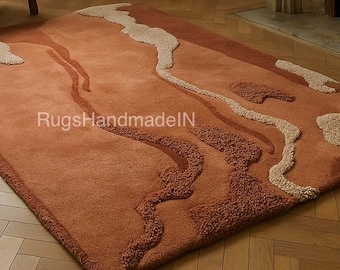 Hand Tufted Terracotta Abstract Rug: Modern Earth Tone Wool Blend