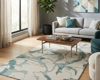 Handgjord ull-sidenmatta, abstrakt blågrön beige modern matta för vardagsrum