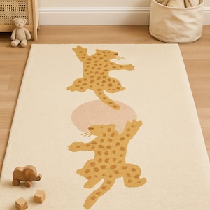 Hand Tufted Climbing Cheetah Rug – Modern Animal Design for Kids Room, Playroom, or Living Room – Soft Wool Custom Area Rug