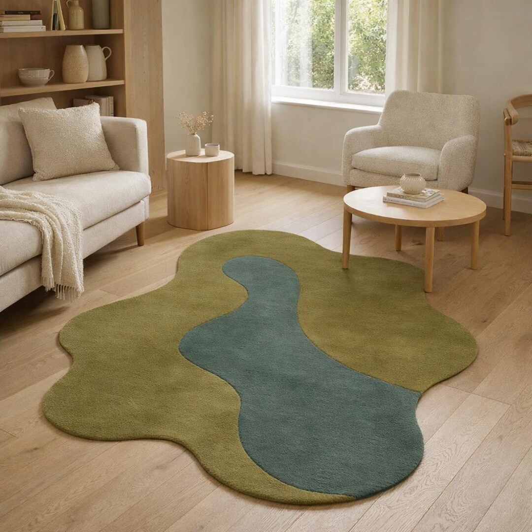 Hand Tufted Abstract Wool Rug | Green & Teal, Organic Shape - Etsy