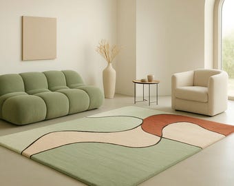 Hand Tufted Wool Area Rug: Abstract Modern Design - Green, Beige & Rust