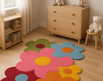 Hand Tufted Wool Flower Rug – Colorful Retro Daisy Nursery Decor