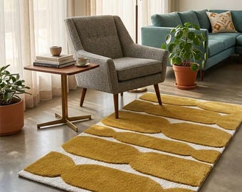Hand Tufted Wool Rug: Modern Mustard Yellow Geometric Carpet