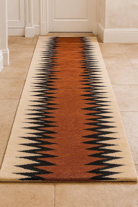 Southwestern Tribal Runner Rug, Burnt Orange Geometric Aztec Carpet