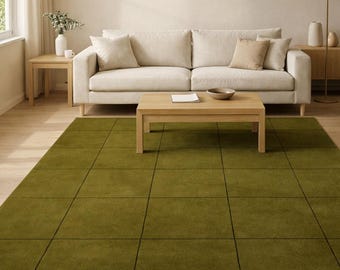 Olive Green Grid Area Rug, Minimalist Scandinavian Living Room Carpet