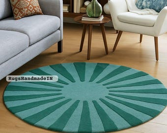 Modern Green Round Wool Rug – Handmade Geometric Sunburst Carpet for Living Room | Eco-Friendly