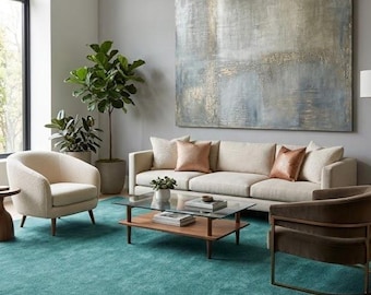 May include: A living room featuring a large teal area rug, a cream-colored sofa with copper and cream pillows, a cream armchair, a dark brown armchair, and a glass-topped coffee table with a wooden shelf, all beneath a large abstract painting.