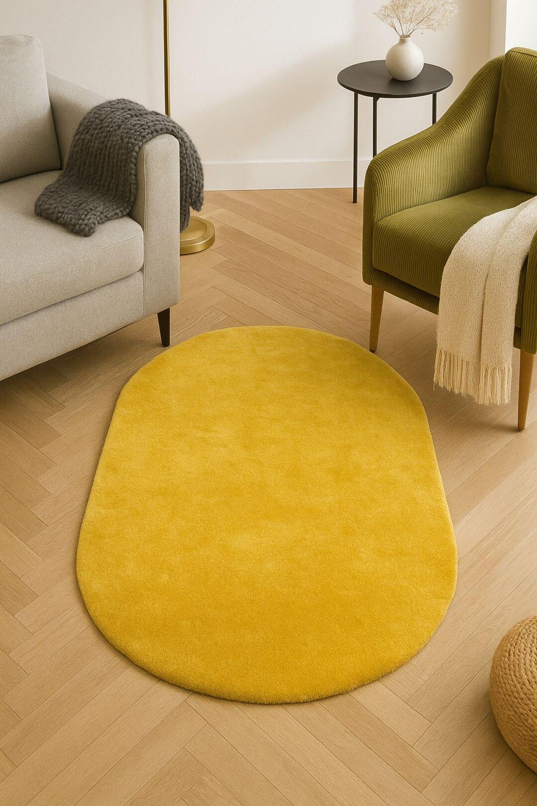 Good Composition Yellow Rug Minimalist Solid Yellow Wool Rug – Handcrafted Modern Area Carpet for ...