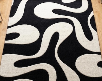 Modern Abstract Black White Rug, Soft Plush Scandinavian Living Room Carpet
