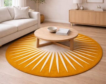 Rund matta i senapsgrått – Geometrisk matta i modern stil, retro vardagsrumsmatta