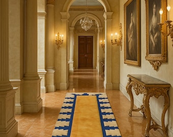 Modern Geometric Hand Tufted Runner Rug – Blue and Beige Hallway Carpet