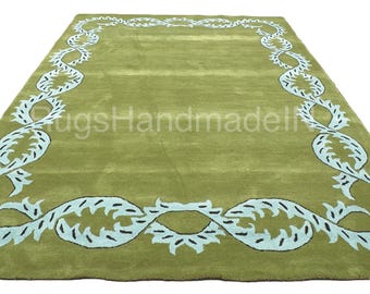 Hand-Tufted Wool Rug: Olive Green, Blue leaf Border - Custom Modern Carpet living room
