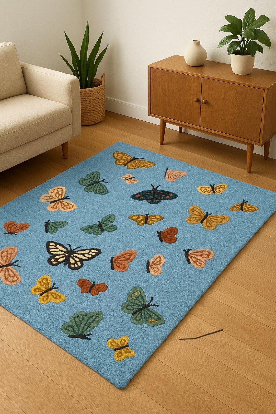 Hand Tufted Blue Rug With Modern Butterfly Wool Rug Design for Living ...