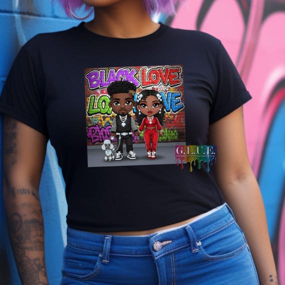 Black Love Bling Couple PNG – Afrocentric Urban Graffiti Art | Sparkly Chibi Clipart for T-Shirts,