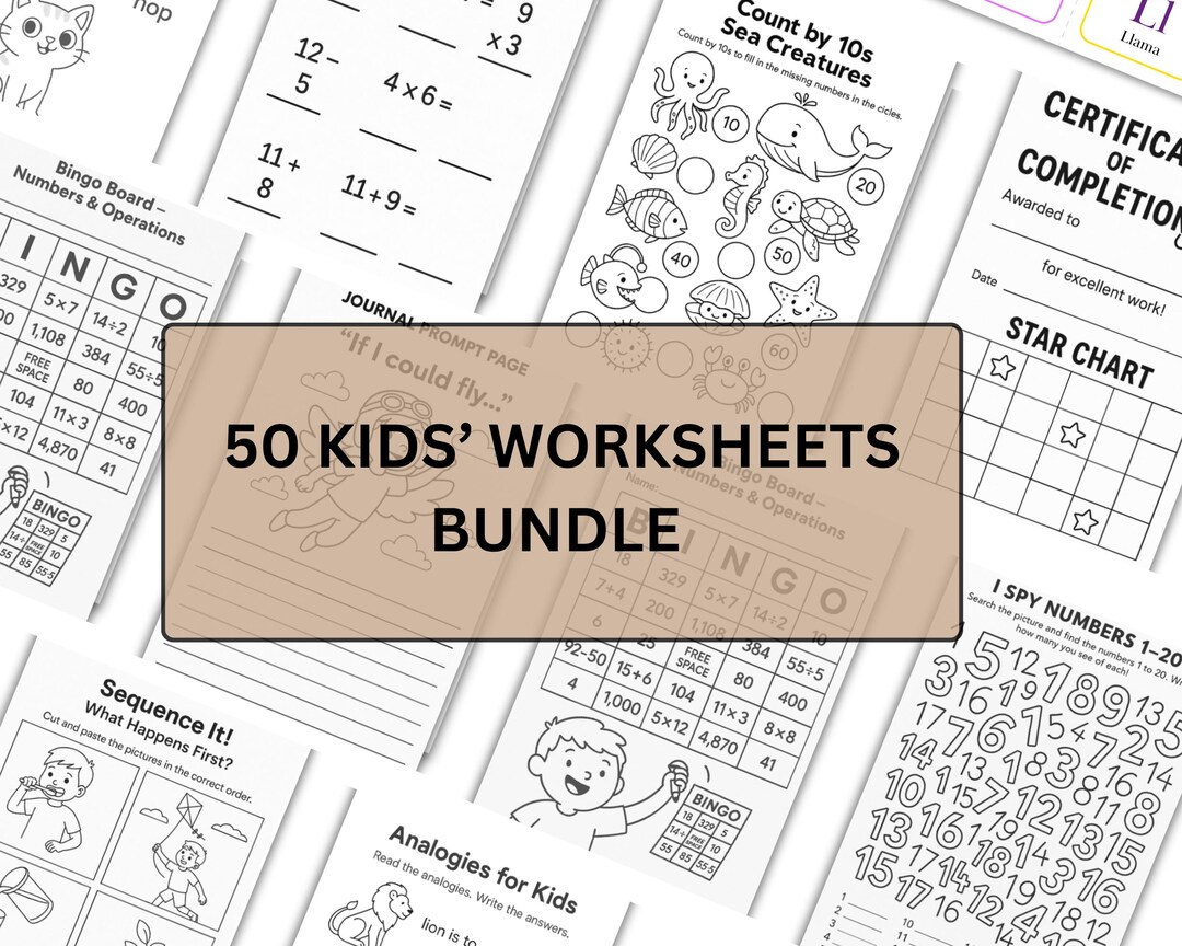 50 Kids Worksheets Bundle | Printable Learning Activities | Educational ...