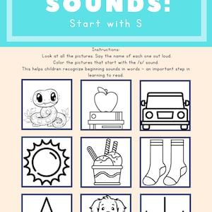 Fiche de travail sur le son S avec 30 cartes imprimables pour l'école maternelle et l'orthophonie Activité phonétique amusante pour l'apprentissage précoce des langues
