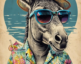 Tropical Donkey Wall Art – Funny Summer Animal Poster, Cool Donkey in Hawaiian Shirt Printable, Beach Decor Digital Download