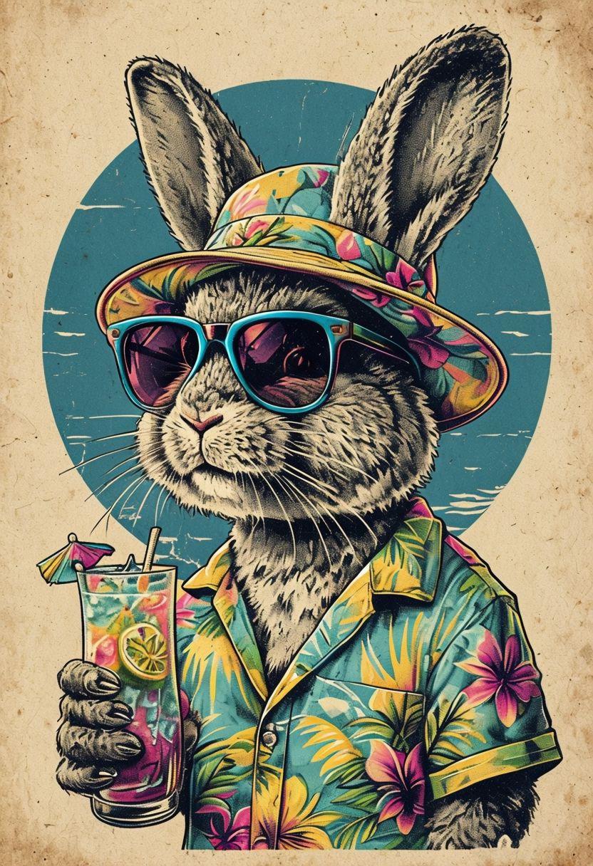 Tropical Bunny Wall Art – Funny Rabbit in Hawaiian Shirt Printable, Summer Animal Poster, Cute Digital Art Download