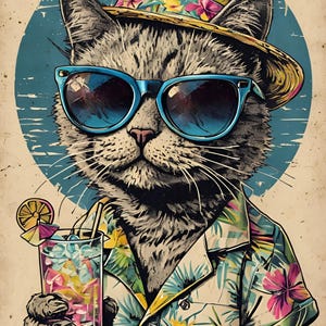 ropical Cat Wall Art Printable – Funny Summer Cat Poster, Cool Cat in Hawaiian Shirt Digital Download, Retro Beach Decor