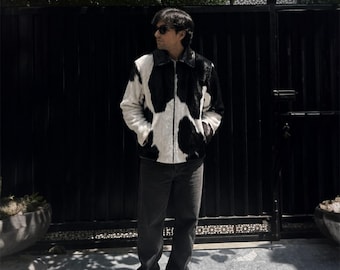 Genuine Pony Skin Hair-On Cowhide Jacket – Black White Cow Print Leather Jacket, Unisex
