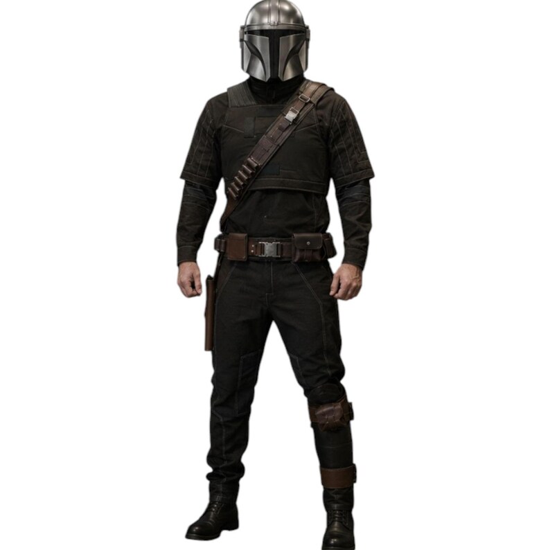 May include: A full-body shot of a person in a black Mandalorian costume. The costume includes a silver helmet, black armor, a utility belt, and boots. The outfit is detailed with brown leather accents and pouches.