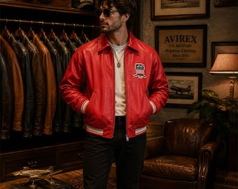 Men’s Avirex Real Lamb Leather Bomber Jacket | Genuine American Flight Jacket | Multicolor Vintage Leather Coat