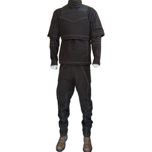 May include: A black outfit consisting of a long-sleeved top, a cropped vest, and pants. The outfit features white stitching details and is paired with brown boots. The top has a high collar, and the vest has a unique design.