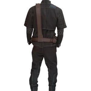 May include: A black tactical outfit with white stitching and brown straps. The outfit includes a short-sleeved jacket, pants, and a belt with pouches. The jacket and sleeves have geometric patterns. The outfit is designed for practical use.