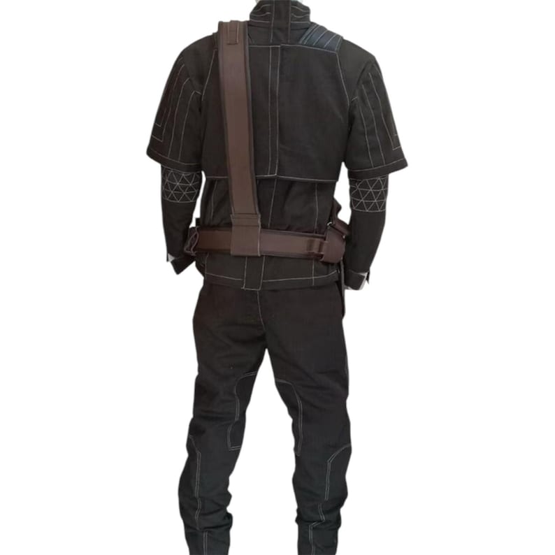 May include: A black tactical outfit with white stitching and brown straps. The outfit includes a short-sleeved jacket, pants, and a belt with pouches. The jacket and sleeves have geometric patterns. The outfit is designed for practical use.