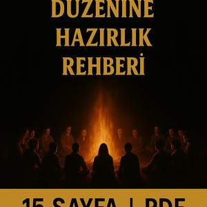 Könnte beinhalten: Buchcover mit dem Titel "YENI DÜNYA DÜZENINE HAZIRLIK REHBERI" in goldfarbenen Buchstaben. Das Bild zeigt eine Gruppe von Menschen, die um ein Lagerfeuer sitzen. Der Text "15 SAYFA I PDF" steht unten.