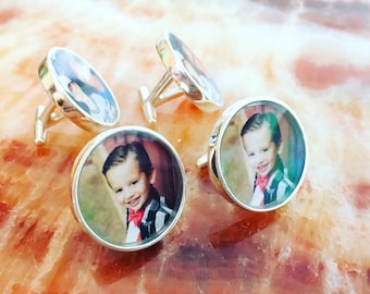 Family Photo Solid Sterling Silver Cuff Links- Baby Photo Customized with Your Photo - Photo Cuff Links - Picture cufflinks Father of Bride