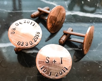 Anniversary cuff links in Copper if you are Celebrating the 7th year, Also Available in other colors you Personalize with your initials/date