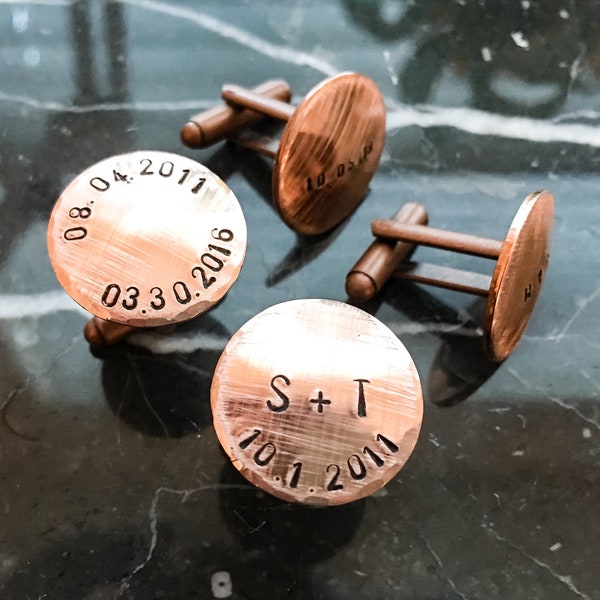 Anniversary cuff links in Copper if you are Celebrating the 7th year, Also Available in other colors you Personalize with your initials/date