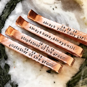 Handmade Secret Message Personalized Tie bar - Tones Gold Silver Copper, Hand Stamped  Customized Tie Bar, Clasp, Men Style Groomsmen Gift