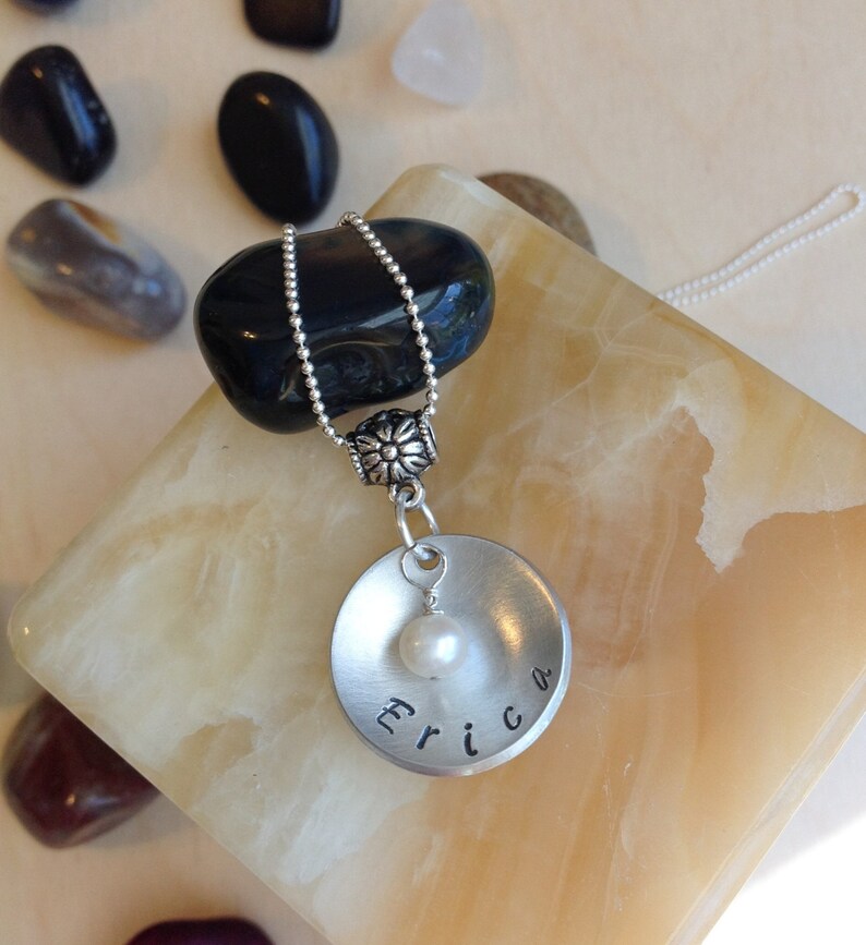 Your Name Personalized Stamped Necklace Hand Stamped Pearl Necklace Stamped Necklace Quote