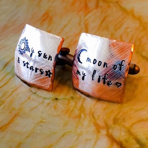 Metal Customized Cuff Links - Copper, Brass, Silver - Stamped w/ Name, Quote, Initials, for Him, Wedding, Personalized Cufflinks, sun moon