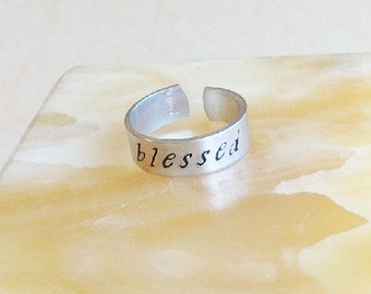 Stamped Metal Ring Band- Custom Hand Stamped Ring Band - Personalized Adjustable Ring  - Your Name, Quote - blessed