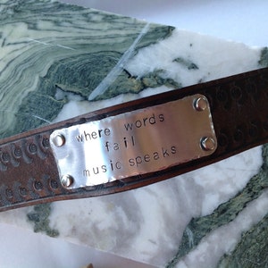 Leather Bracelet, Personalized leather cuff bracelet, Custom metal stamped cuff, Leather cuff image 1