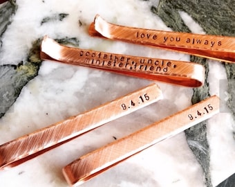 Secret Message Tie Bar Personalized, Hand stamped Hidden Message - copper, silver tone, gold tone | Customized Your Words, Anniversary groom