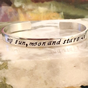 Sun, Moon, Stars, Custom Stamped Bracelet Personalized Bracelet Cuff Message Bracelet Your Name, Quote Personalized Stamped Bracelet image 1