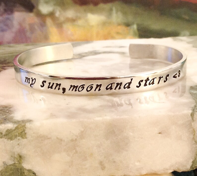 Sun, Moon, Stars, Custom Stamped Bracelet Personalized Bracelet Cuff Message Bracelet Your Name, Quote Personalized Stamped Bracelet image 1