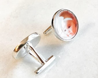 Solid Sterling Silver Cuff Links- Baby Photo Customized with Your Photo - Photo Cuff Links - Picture cufflinks Father of Bride