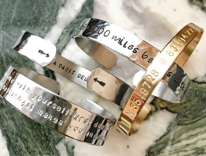 Personalized Cuff Stamped Metal Name Mantra Positive Inspire Motivate Custom Jewelry Hand Stamped Custom Silver Bracelet for Women