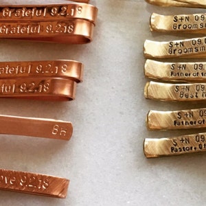 Handmade Secret Message Personalize Tie bar Gold Silver Copper, Hand Stamped Customized Clasp, Dapper Bespoke Groomsmen Gift Him Skinny Long