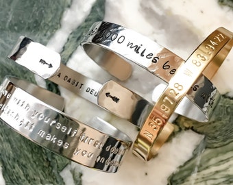 Custom Stamped Metal Bracelet Personalized Hand Stamped Bracelet Custom Cuff Name Mantra Arrows Coordinates Inspirational Motivational