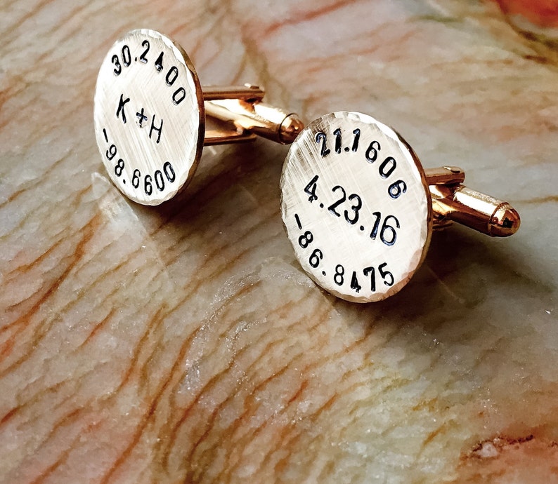 Gold Solid Brass Personalized Cuff Links, also Copper Custom Cuff links Silver tone personalized Cufflinks, Your Name, Quote, Hand Stamped image 1