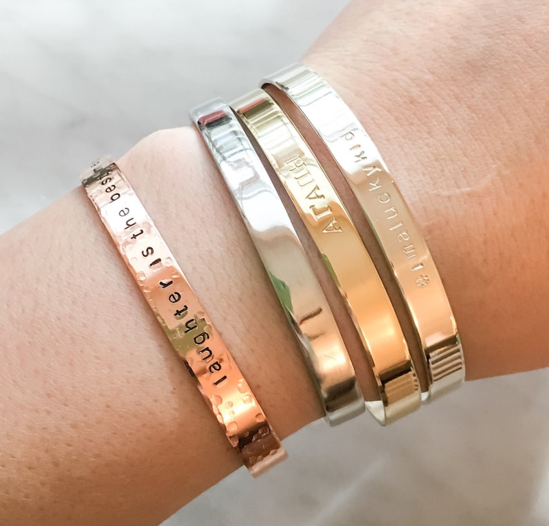 Message Bracelet, Customizable, Personalized Bracelet Cuff, Custom Stamped Bracelet Your Name, Greek, Style Yours, Hand Stamped Bracelet image 1