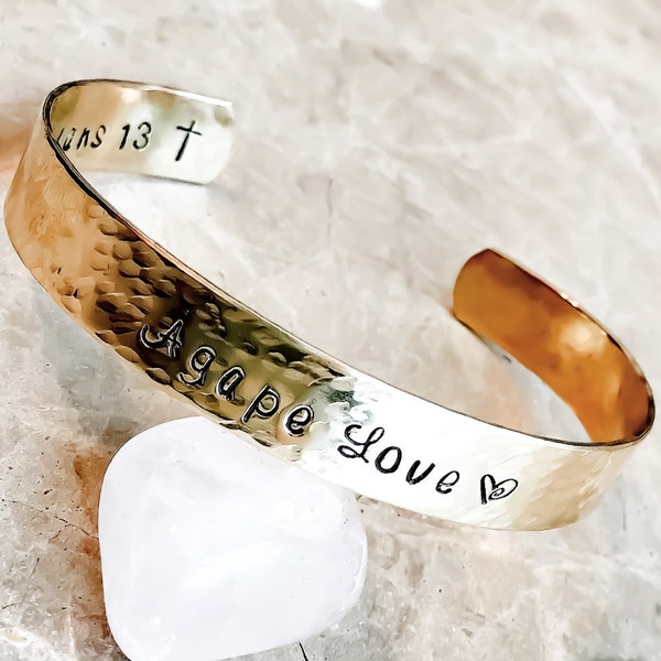 Agape Love in Greek or English, or Your Mantra on Custom Hand Stamped Jewelry - Custom Bracelet Cuff - Personalize, Bible Verse, Inspiration